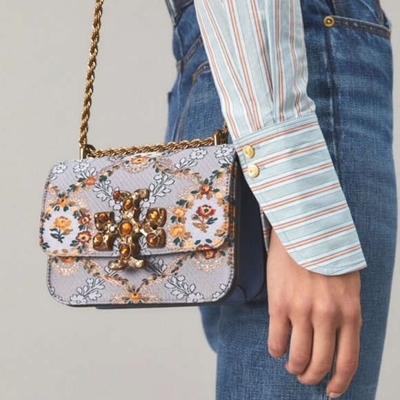 NEW TORY BURCH ELEANOR SHOULDER CROSSBODY BAG SEA FROST FLORAL JEWELED PURSE - Picture 4 of 16